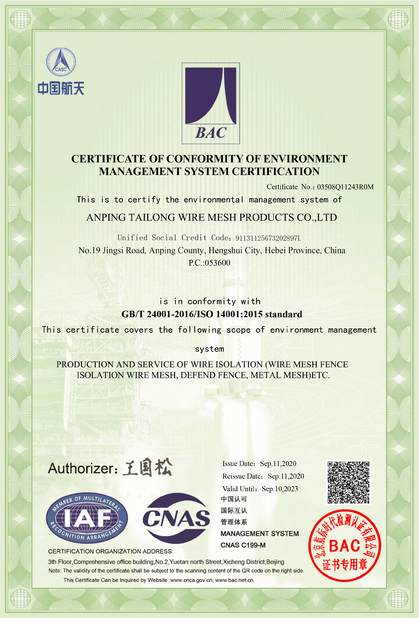 중국 Anping Tailong Wire Mesh Products Co., Ltd. 인증